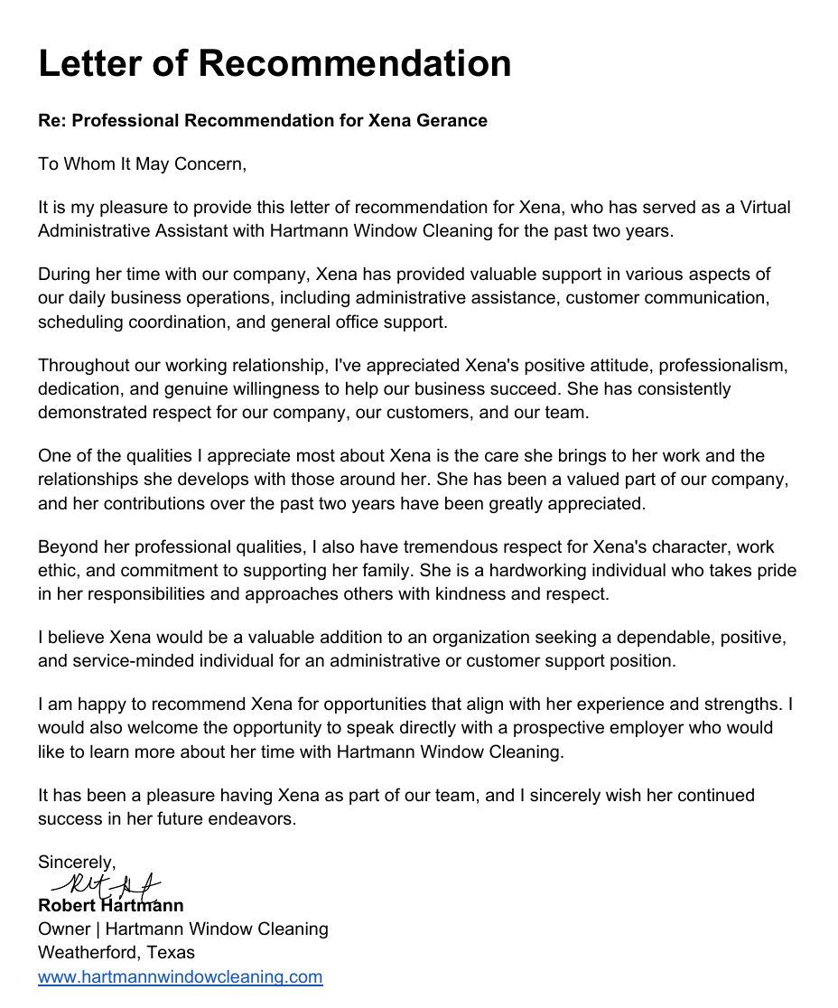 Preview of the signed letter of recommendation from Robert Hartmann
